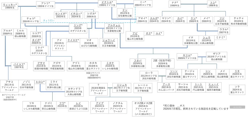 日本にいるアムールトラの家系図 相関図